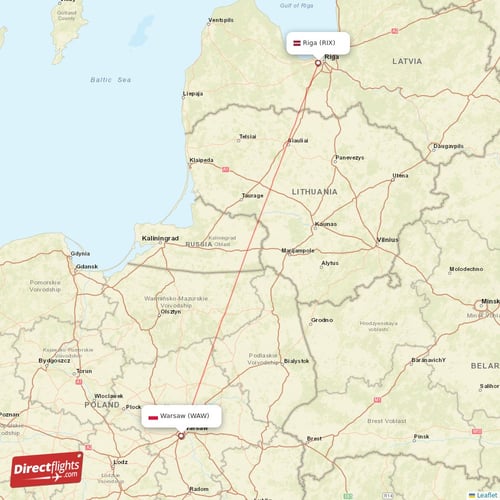 Warsaw - Riga direct flight map