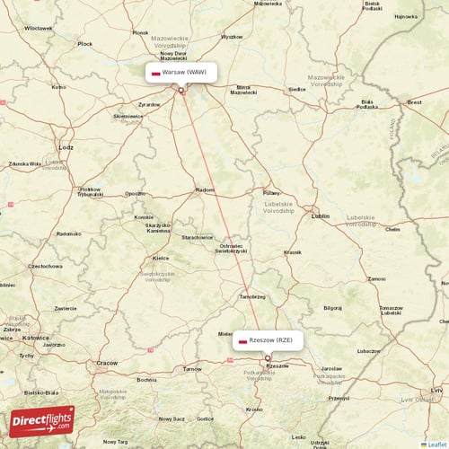 Warsaw - Rzeszow direct flight map