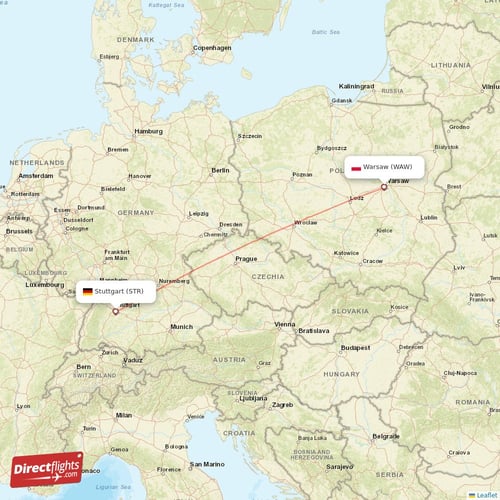 Warsaw - Stuttgart direct flight map