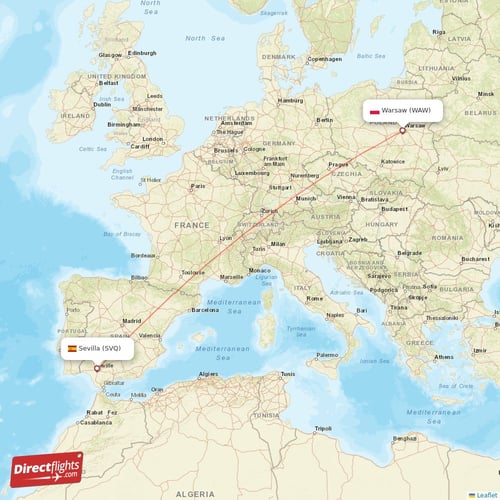 Warsaw - Sevilla direct flight map