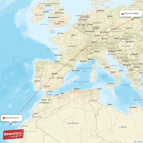 Warsaw - Tenerife direct flight map