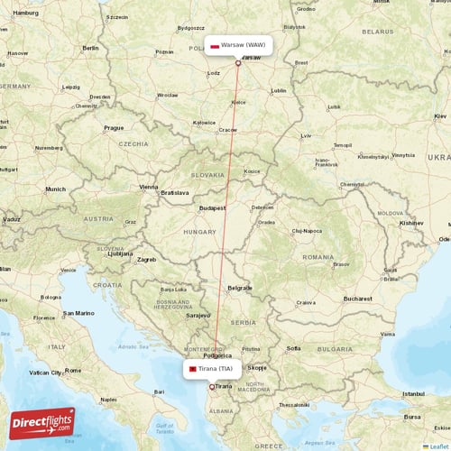 Warsaw - Tirana direct flight map