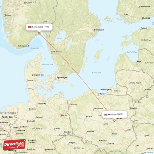 Warsaw - Sandefjord direct flight map