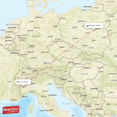 Warsaw - Turin direct flight map