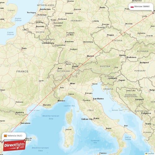 Warsaw - Valencia direct flight map