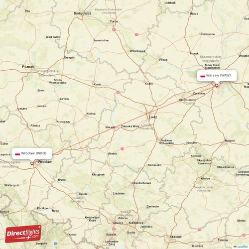 Warsaw - Wroclaw direct flight map