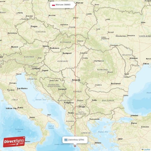 Warsaw - Zakinthos direct flight map