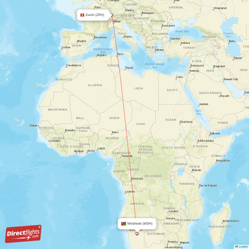 Windhoek - Zurich direct flight map