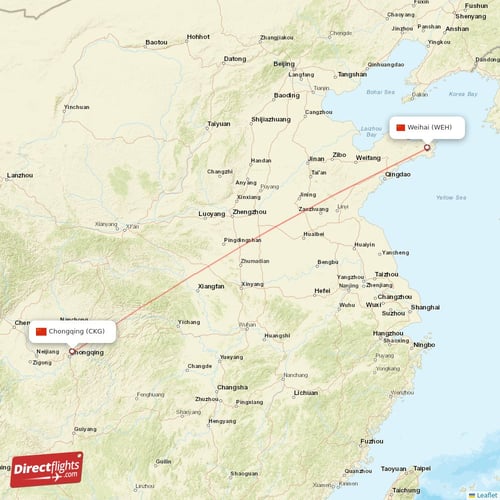 Weihai - Chongqing direct flight map