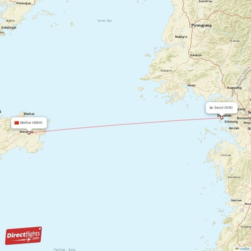 Weihai - Seoul direct flight map
