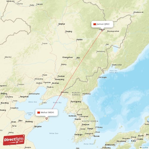 Weihai - Jiamusi direct flight map