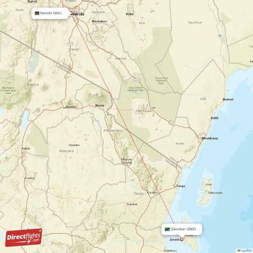 Nairobi - Zanzibar direct flight map