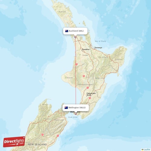 Wellington - Auckland direct flight map
