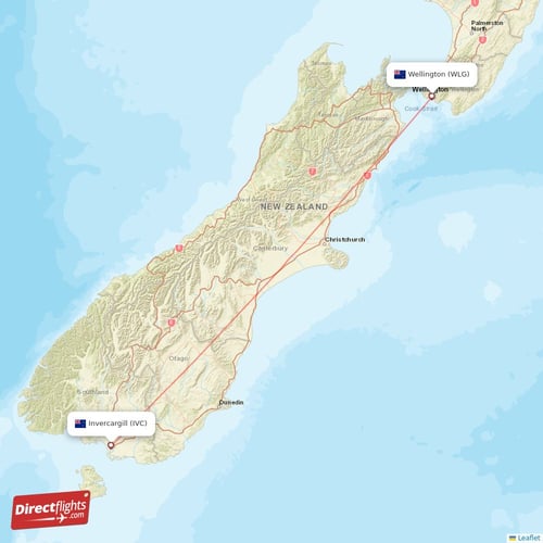 Wellington - Invercargill direct flight map