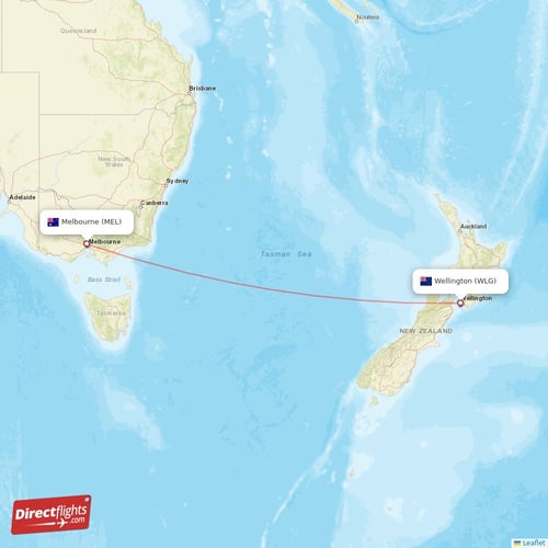 Wellington - Melbourne direct flight map