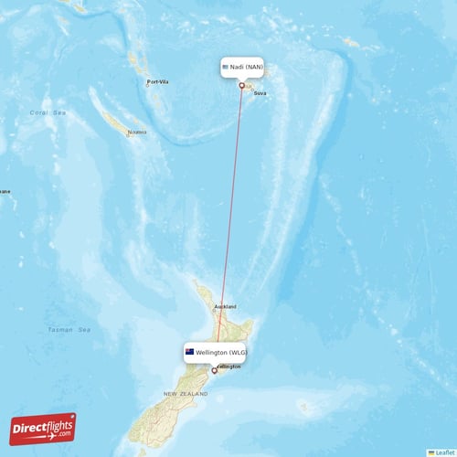 Wellington - Nadi direct flight map
