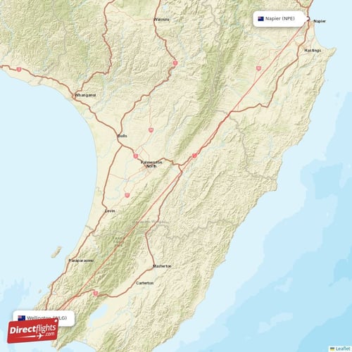 Wellington - Napier direct flight map
