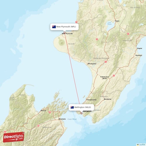 Wellington - New Plymouth direct flight map