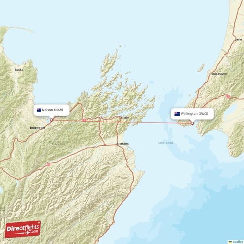 Wellington - Nelson direct flight map