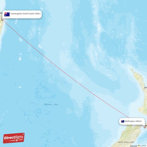 Wellington - Coolangatta (Gold Coast) direct flight map