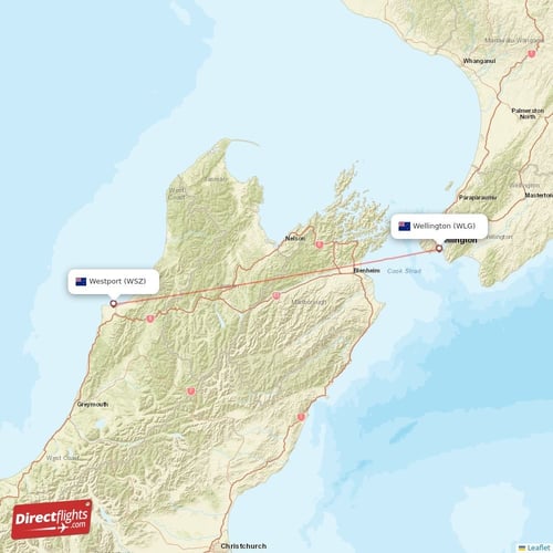 Wellington - Westport direct flight map