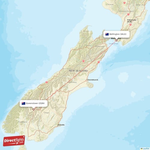 Wellington - Queenstown direct flight map