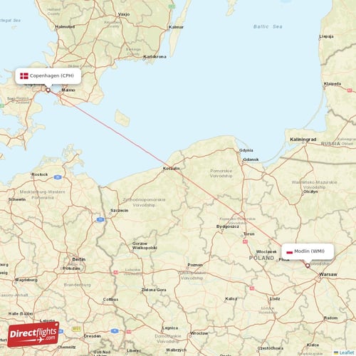 Modlin - Copenhagen direct flight map