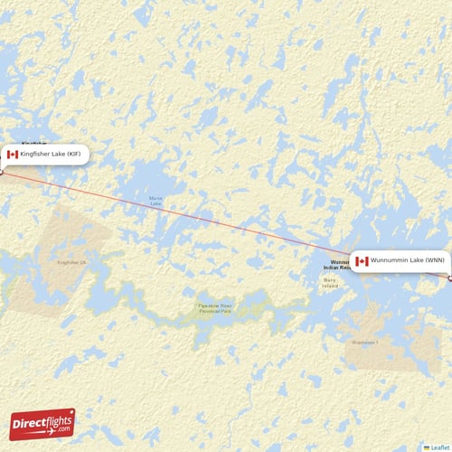 Wunnummin Lake - Kingfisher Lake direct flight map