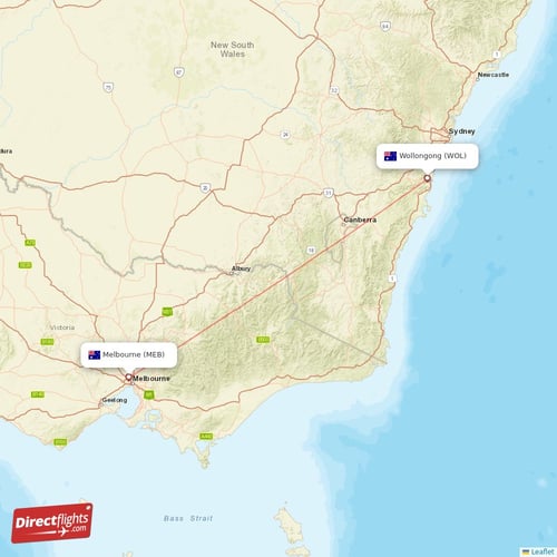 Wollongong - Melbourne direct flight map
