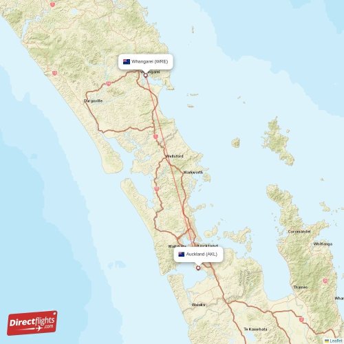 Whangarei - Auckland direct flight map
