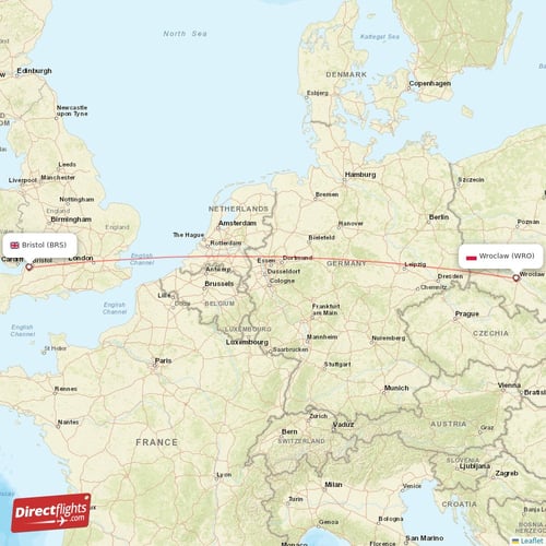 Wroclaw - Bristol direct flight map