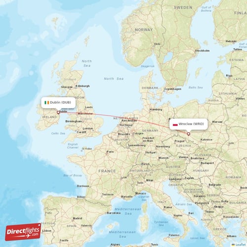 Wroclaw - Dublin direct flight map