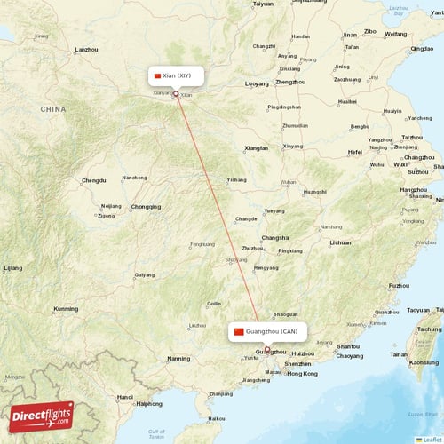 Xian - Guangzhou direct flight map