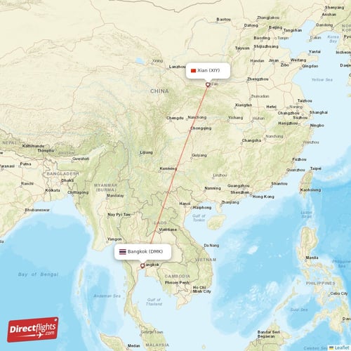 Xian - Bangkok direct flight map