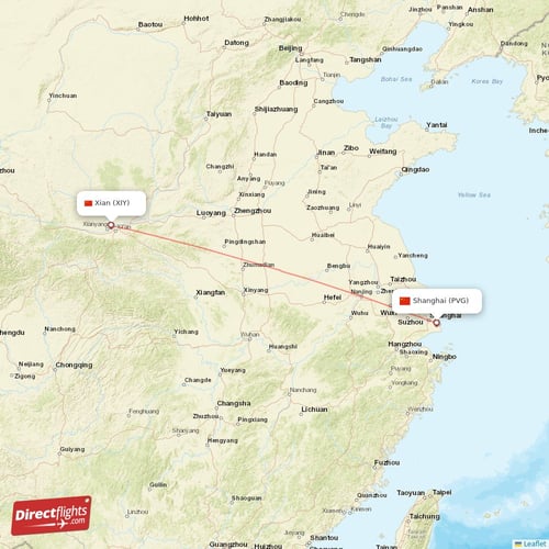 Xian - Shanghai direct flight map