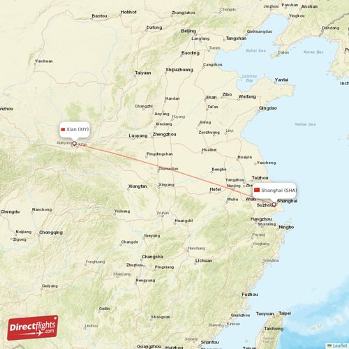 Xian - Shanghai direct flight map