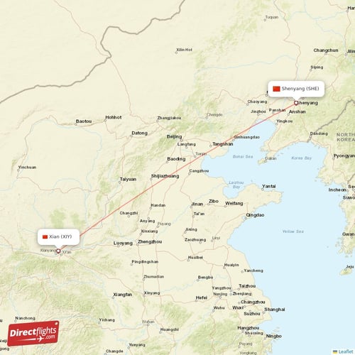 Xian - Shenyang direct flight map