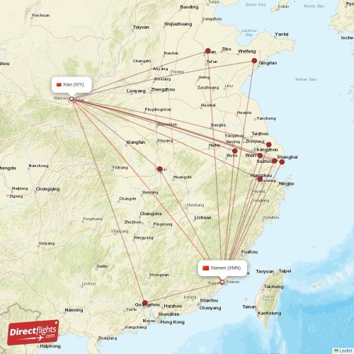 Xian - Xiamen direct flight map