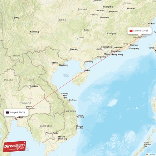 Xiamen - Bangkok direct flight map
