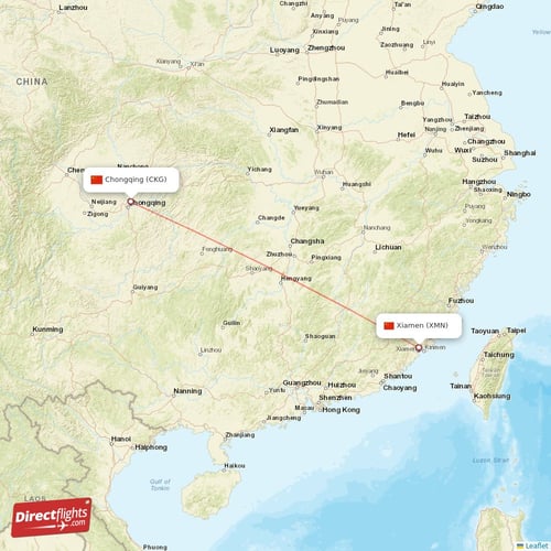 Xiamen - Chongqing direct flight map