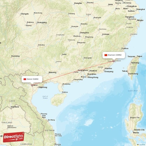Xiamen - Hanoi direct flight map