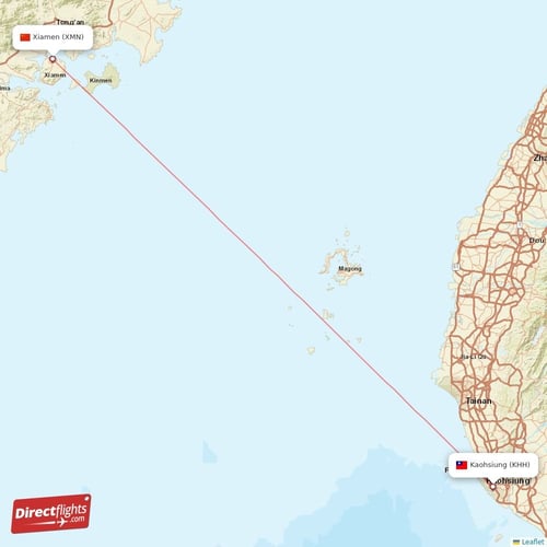 Xiamen - Kaohsiung direct flight map
