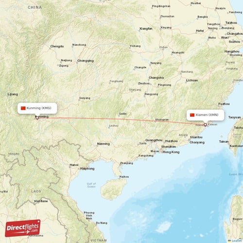 Xiamen - Kunming direct flight map