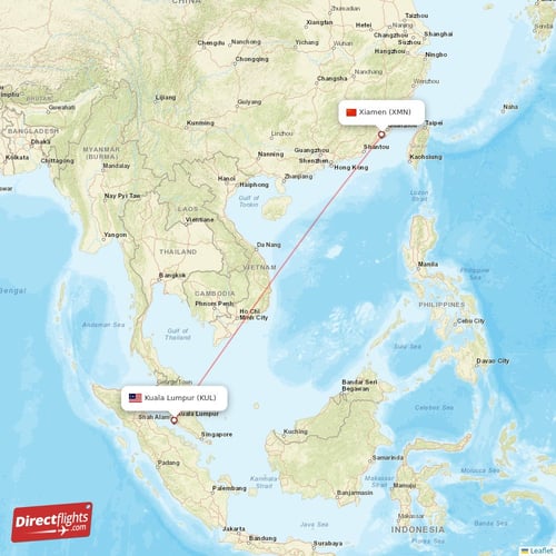 Xiamen - Kuala Lumpur direct flight map