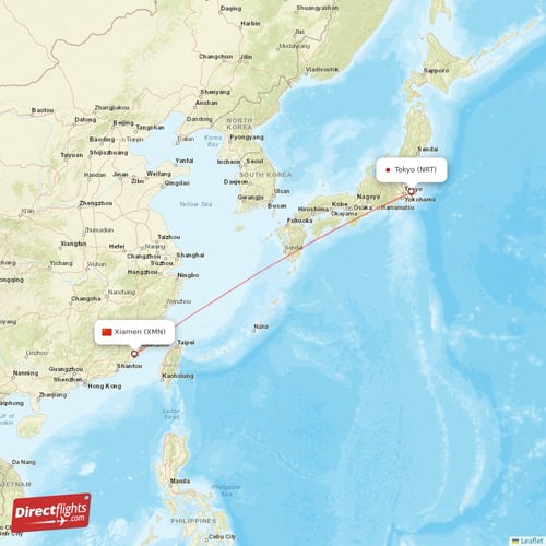 Xiamen - Tokyo direct flight map