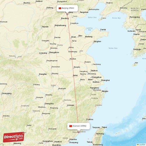 Xiamen - Beijing direct flight map