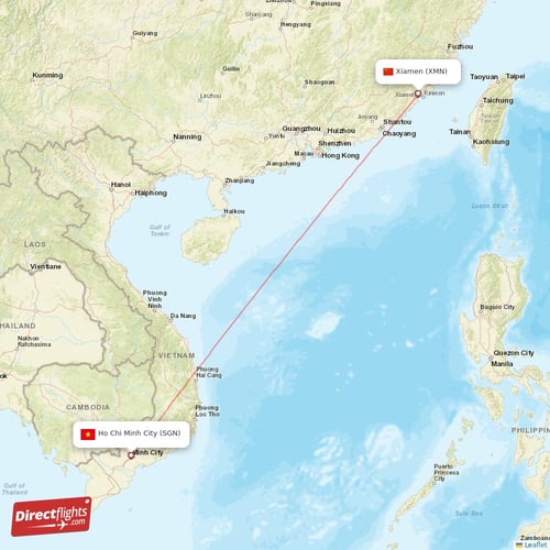 Xiamen - Ho Chi Minh City direct flight map