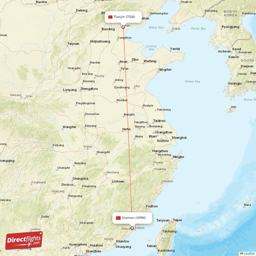 Xiamen - Tianjin direct flight map