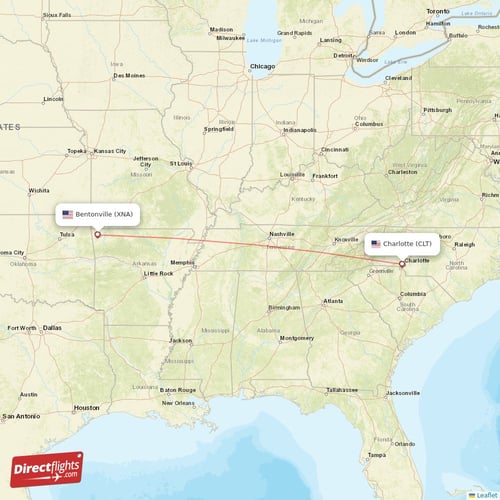 Bentonville - Charlotte direct flight map