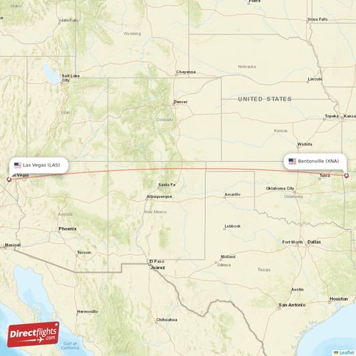Bentonville - Las Vegas direct flight map